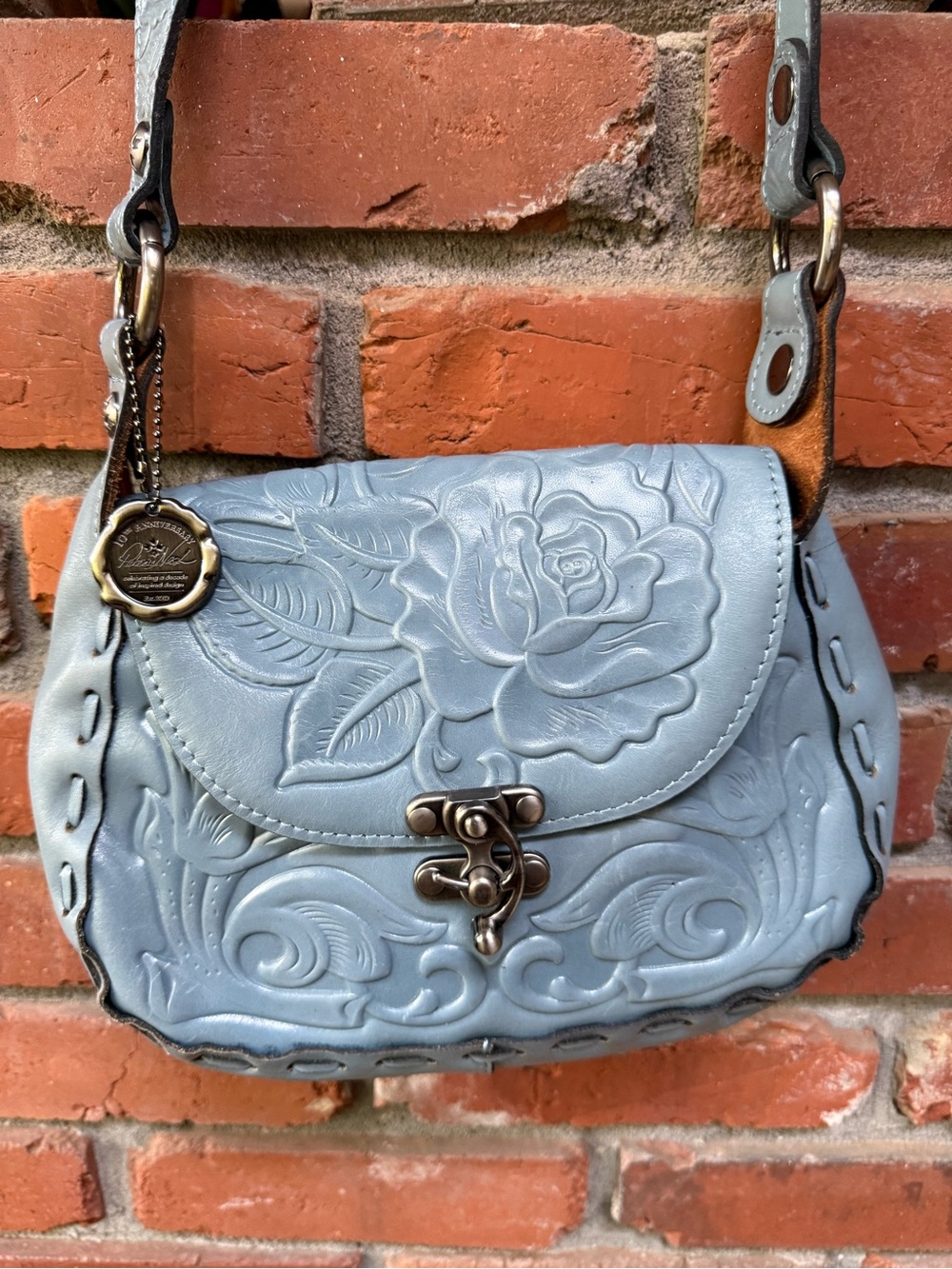 Patricia Nash Micaela Light Blue Floral Embossed Leather Crossbody Bag